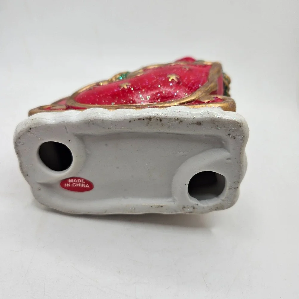 Christmas Santa Sleigh Candle Holder Glitter Ceramic Holiday Decor